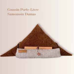 Coussin pour lecture samoussin Dumas triangle velours marbré bronze base jacquard tweedy marron aricomagic