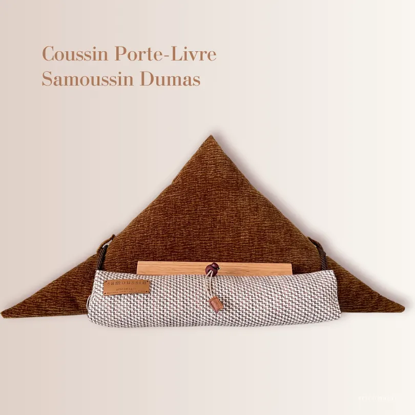 Coussin pour lecture samoussin Dumas triangle velours marbré bronze base jacquard tweedy marron aricomagic
