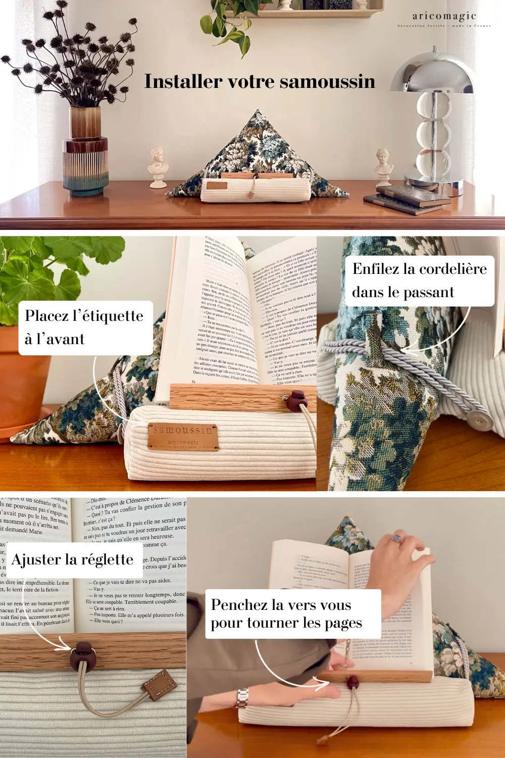 Installation samoussin porte-livre coussin de lecture aricomagic décoration fertile avec bretelles