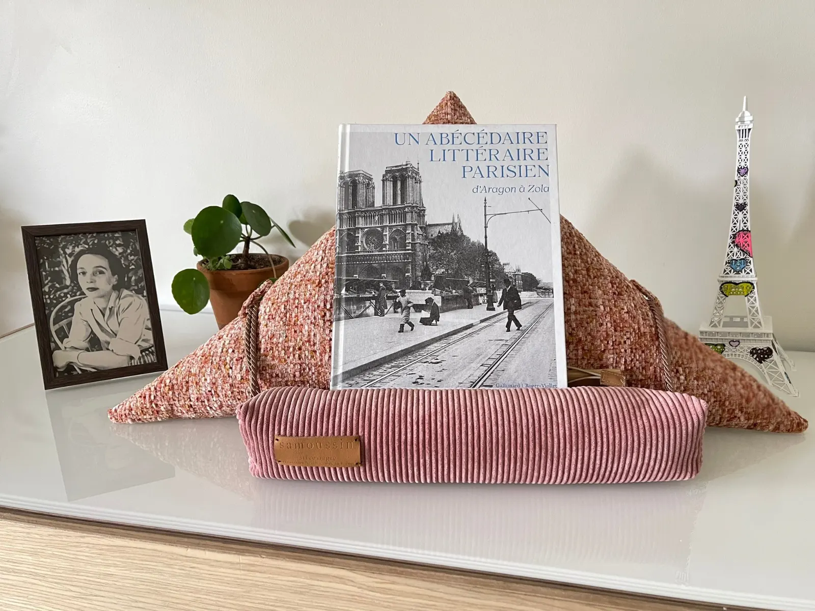 Coup de coeur littéraire : Un abécédaire littéraire parisien d'Aragon à Zola" (Gallimard/Roger-Violet) avec le samoussin Duras coussin de lecture aricomagic