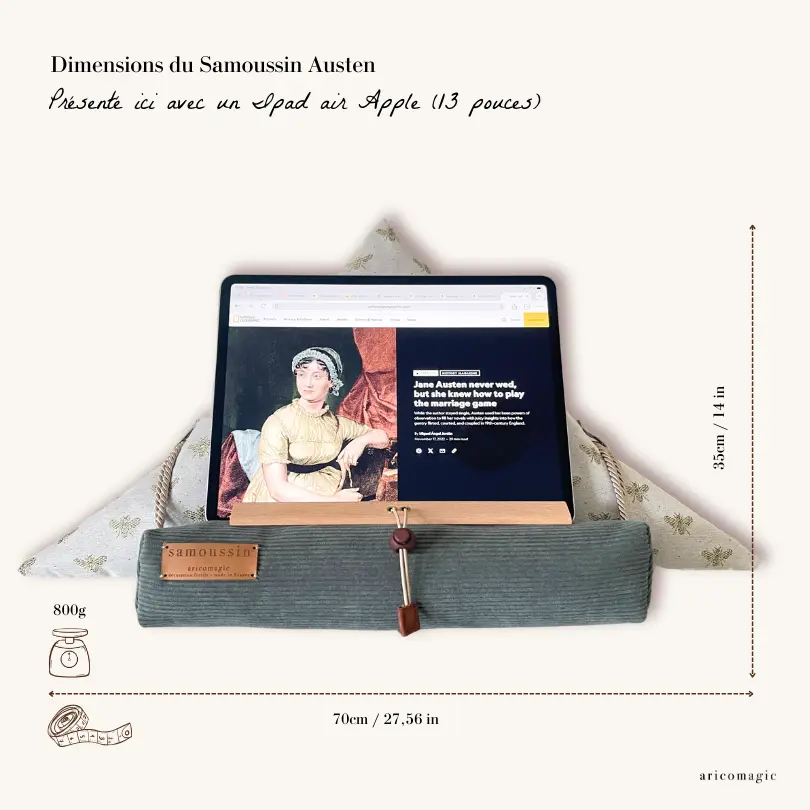 Dimensions coussin support de livre samoussin Austen made in France Aricomagic