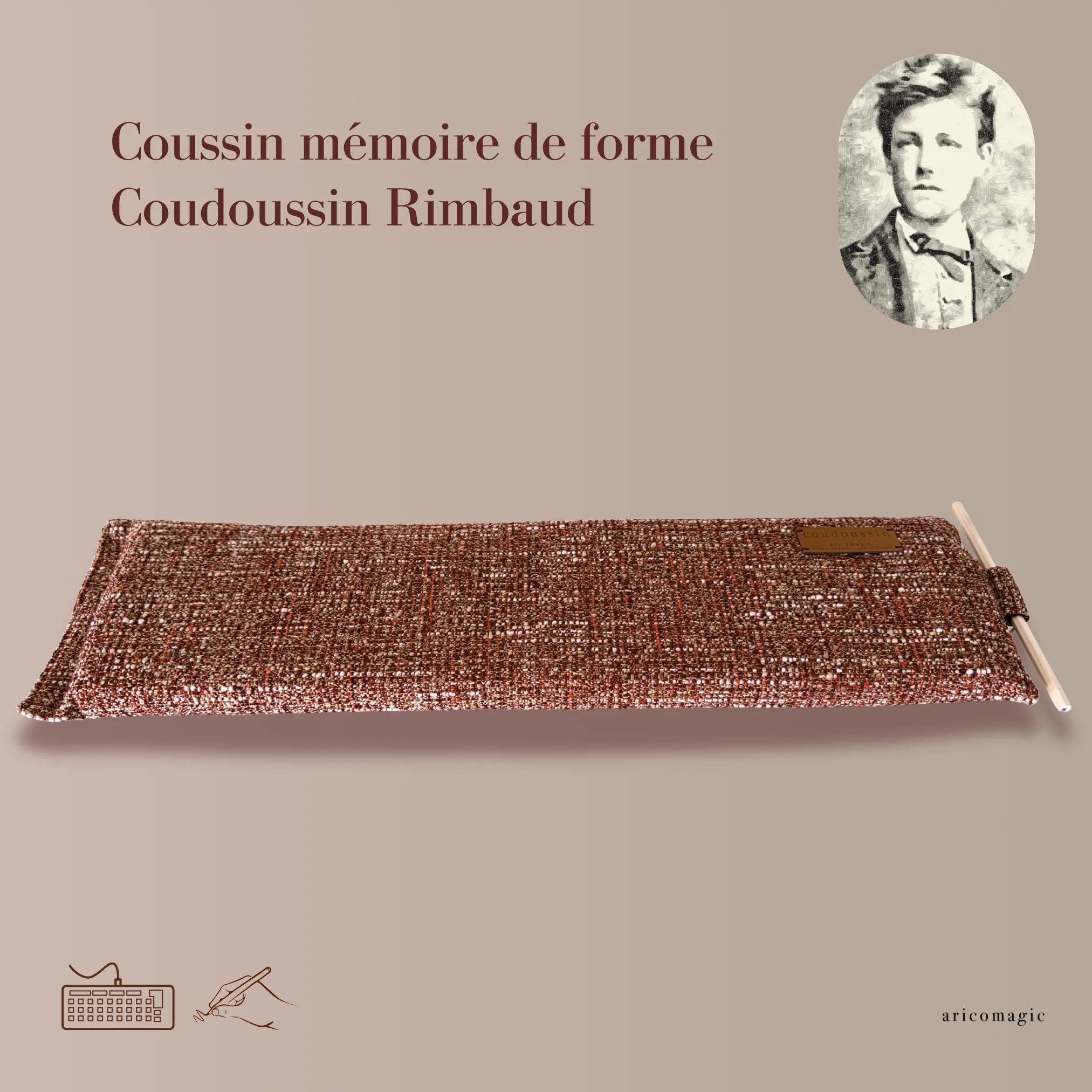Coussin bureau mémoire de forme Coudoussin Rimbaud - Design et déco - tissu tweed bordeaux bohème fabriqué en France
